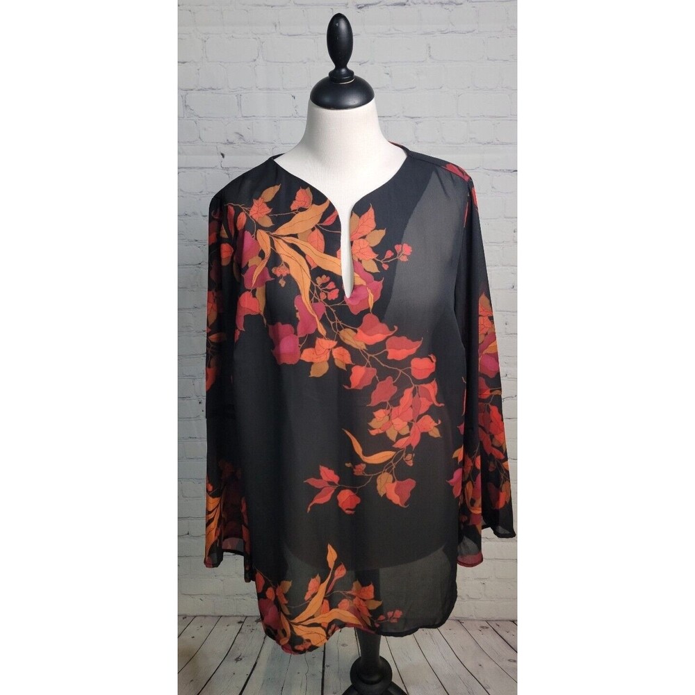 Studio C Plus Women's Sheer Bell 3/4 Sleeve Black Floral Blouse Sz 14/16 Career